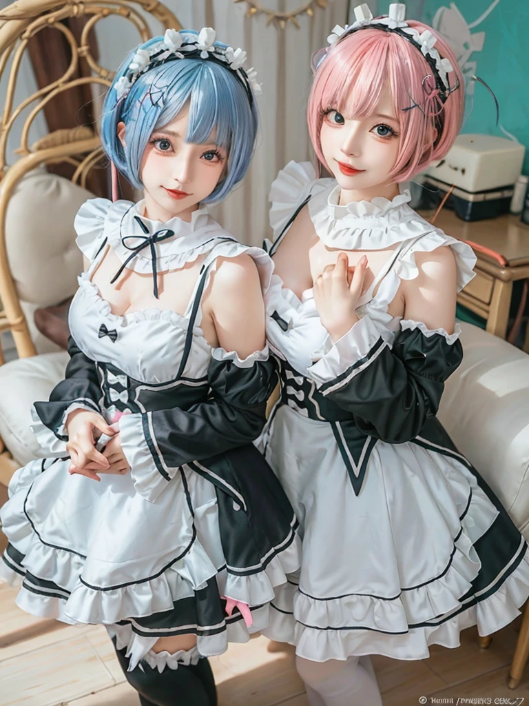 (8K, Photorealistic, Raw photo, of the highest quality: 1.3), (1girl in), Super beautiful, (Realistic face), (boyish, pink Color Berry Shorthair), Beautiful , Glare that captivates the viewer, Beautiful expression, Beautiful breasts, (Realistic skin), Be...Create a detailed and colorful image of Ram and Rem from Re:Zero, standing back-to-back in their maid outfits, with a magical fantasy background、14years old, two girls,cute, perfect face, beautiful, nice body, gothic lolita clothes, gothic lolita fashion, frilly skirt, headdress, necklace, bracelet, knee-high socks, boots, double eyelids, tear bags, Detailed down to the fingers, photo-like description, indoors, dim indoor lighting, one girl is pink hair and short bob, another girl is light blue hair and short bob,standing, cute posinig,whole body, composition that shows the whole body, smiling,The Both of them are wearing the same type of maid outfit