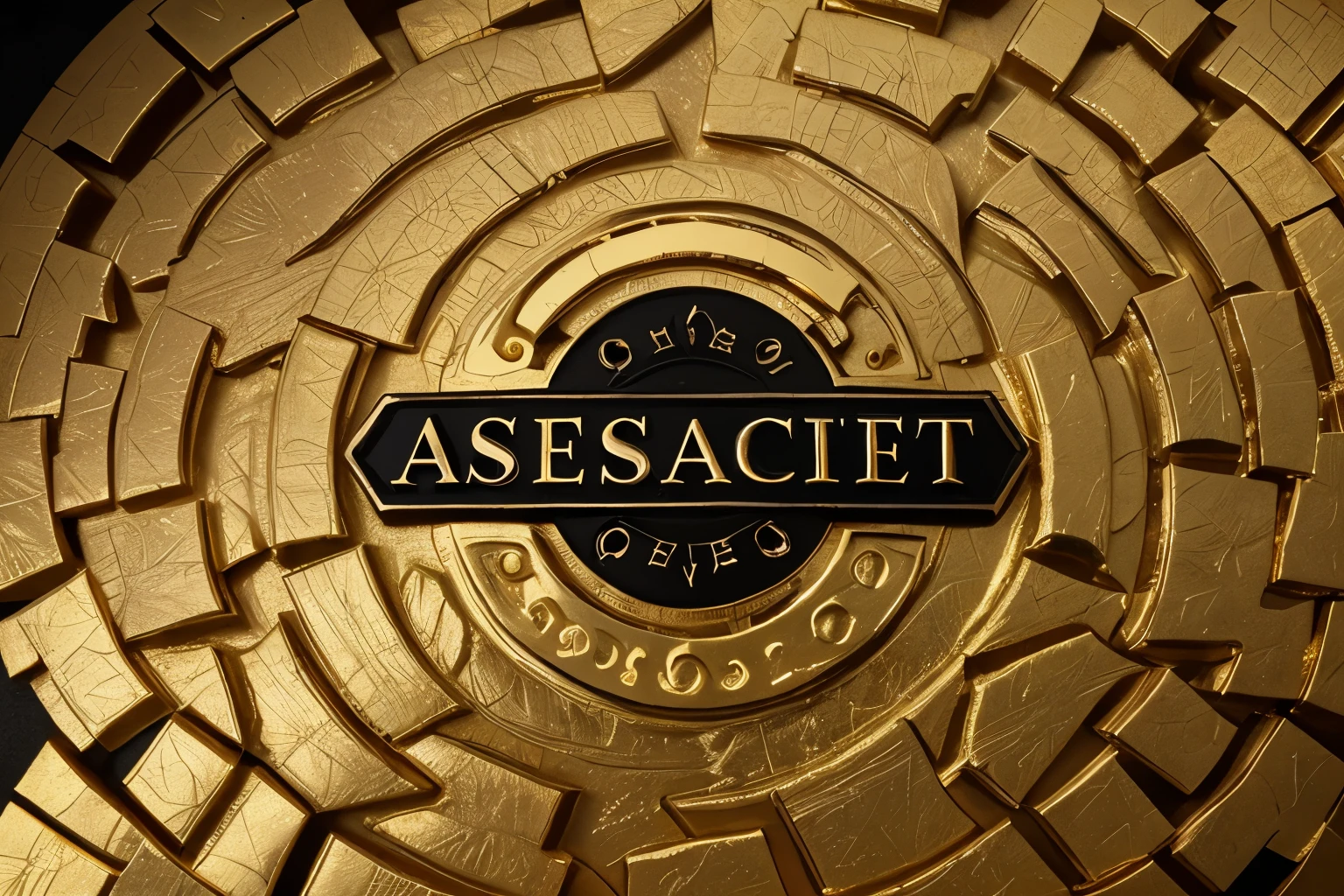 A logo of a secret association seen from above made of gold with black details, symmetrical.
