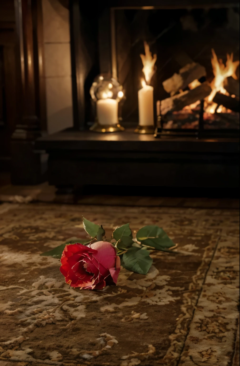 (best quality, 4k, 8k, high resolution, masterpiece: 1.2), ultra-detailed, (realistic, photorealistic, photorealistic: 1.37), top view, close-up, red rose, Very shallow depth of field, vivid colors, warm atmosphere and cozy, classic, fireplace, living room, Victorian style, antique decoration, artistic composition, intimate lighting, relaxing atmosphere, refined antique objects, rich textures, soft and warm color palette, crackling fire, shadows dancing on the walls, light subtle candles, balanced proportions, luxurious rugs, timeless elegance, tranquil setting, refined details, aesthetic sensitivity