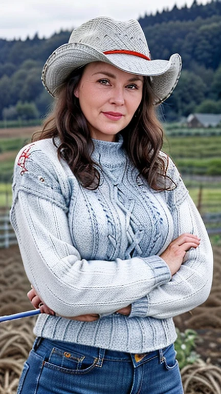 beautiful 54 year old white woman, mature, chubby, wavy brunette hair (greying hair), blue eyes, happy, (red cable-knitted sweater), cowboy hat, blue jeans, farmland in background, detailed, photo circa 2005, film grain, photorealistic, hands not visible, realistic eyes, realistic eyelashes