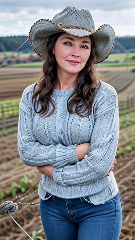 beautiful 54 year old white woman, mature, chubby, wavy brunette hair (greying hair), blue eyes, happy, (red cable-knitted sweater), cowboy hat, blue jeans, farmland in background, detailed, photo circa 2005, film grain, photorealistic, hands not visible, realistic eyes, realistic eyelashes