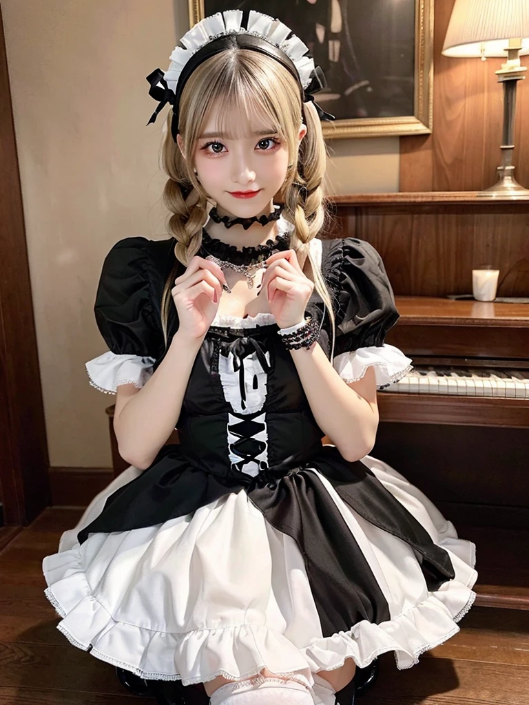 (8K, Photorealistic, Raw photo, of the highest quality: 1.3), (1girl in), Super beautiful, (Realistic face), (boyish, Silver Color Berry Shorthair), Beautiful , Glare that captivates the viewer, Beautiful expression, Beautiful breasts, (Realistic skin), Be...Super high quality, super high definition, super detailed, masterpiece, 20years old, female, cute, perfect face, beautiful, nice body, gothic lolita clothes, gothic lolita fashion, frilly skirt, headdress, necklace, bracelet, knee-high socks, boots, double eyelids, tear bags, Detailed down to the fingers, photo-like description, indoors, dim indoor lighting, blonde hair, twin tail, standing, whole body, composition that shows the whole body, smiling