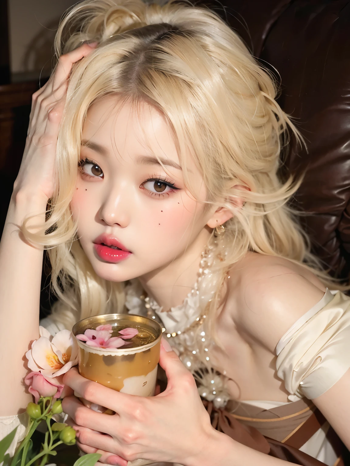 Blonde woman with a cake and flowers in her hand, Shikami, Parque Roseanne do Blackpink, O corte Hime, Dirigido por: Ayami Kojima, her face looks like an orchid, Lalisa Manobal, Jinyoung Canela, Ulzzang, Retrato de Jossi do Blackpink, branco hime corte penteado, fair and pale skin!!, linda Delfina