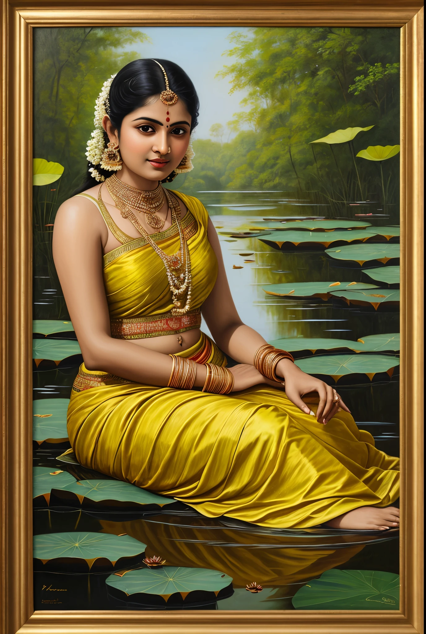 painting of a woman sitting on a lotus flower in a pond, inspired by T. K. Padmini, inspired by Raja Ravi Varma, indian goddess, traditional beauty, portrait of a beautiful goddess, indian goddess of wealth, female goddess, beautiful goddess, a stunning portrait of a goddess, portrait of a goddess, hindu art, goddess portrait, devainart