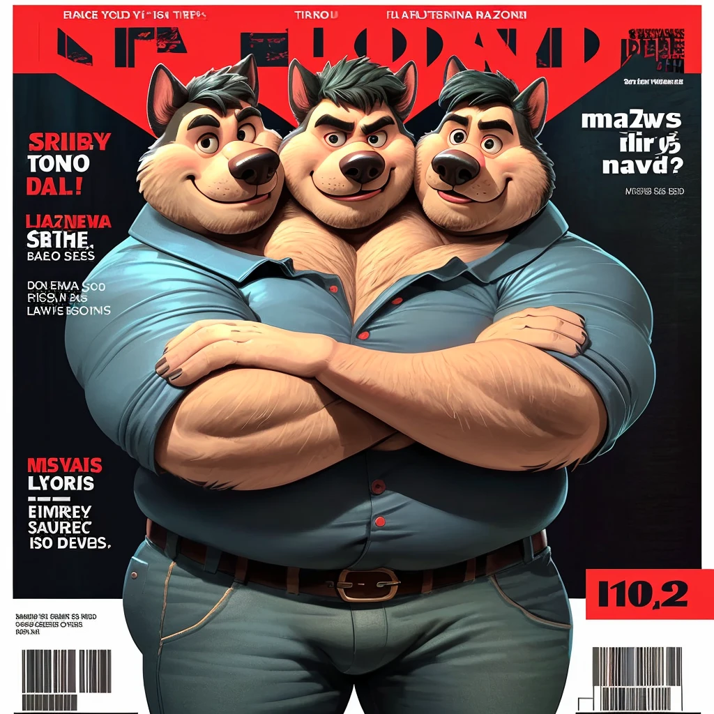 solo, (Siberian husky, Siberian husky tail), three heads on one body, three headed identical conjoined triplet brothers, (identical faces:1.3), (adult male, 50 year old male, (stylized 3d, by disney, by rembrandt), by pixar, by dramamine, (burly, manly, beefy, obese:1.3, fat, big butt, black and white fur), city background, (fully clothed, polo shirt, jeans, belt), correct hands, (detailed eyes:1.2, cartoon eyes:1.2, small dark pupils, masculine eyes, narrow eyes, six eyes), (ultradetailed, best quality, detailed masterpiece, highly detailed masterpiece, 4k, professional cartoon), ((arms crossed:1.3, natural pose:1.3)), (((dadbod))), six ears, ((magazine cover:1.3))