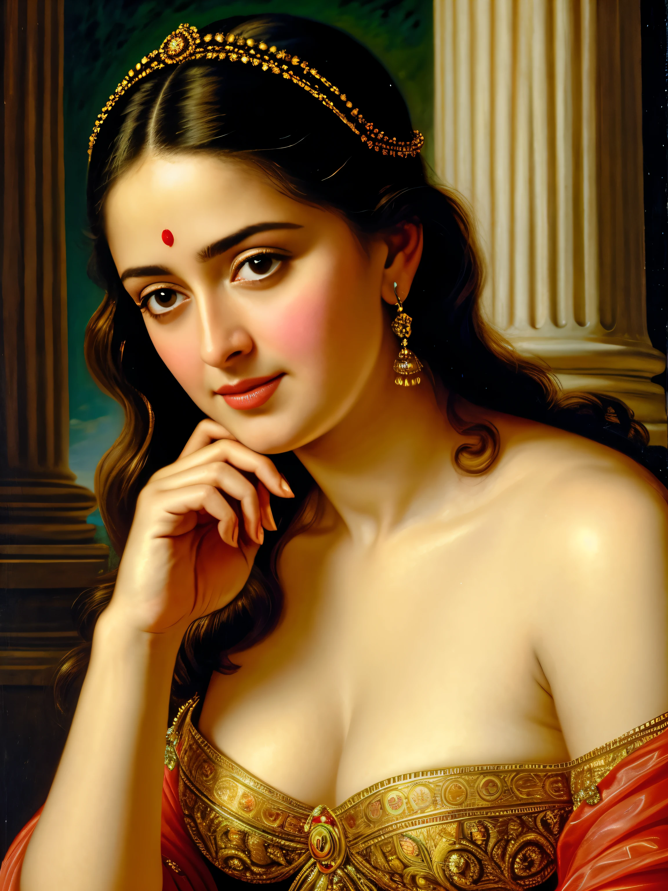 Looks like Anushka Shetty, Masterpiece, Best quality, high clarity eyes, critically flawless,sharp picture, Full portrait, High pixels, perfect face, perfect eyes, beautiful face, perfect hands,perfect fingers, in Peter Paul Rubens style, by Peter Paul Rubens, baroque style, acrylic on canvas, highly detailed, description: "Create a nymph inspired by the tales of Greek or Roman mythology, embodying the essence of a natural element or location, and possessing a unique ability or trait that sets her apart.", strapless Bra of ancient times, strapless bralette, armpits showing, 