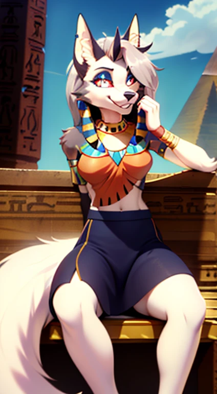 von Personalami, Helluva Boss, Loona Hellhound, Loona, weiblich, (detailliert), Ansicht des Betrachters, flauschig, solo, high resolution, fotorealistisch, ((evil smile)), happy, Detailliert, ((Detailed eyes)), full-body, Weiblich, mager weiblich, looks happy, Blick auf den Betrachter, (Detailliert), flauschig, fotorealistisch, detailliertes Fell, anatomoy correct tail, ((tail correct Position)), five fingers, (((egyptian clothes))), sitting position, (( sitting on an egyptian thron)), as pharao, anubis clothes, ((golden Jewelry)), egyptian pyramids in the background,