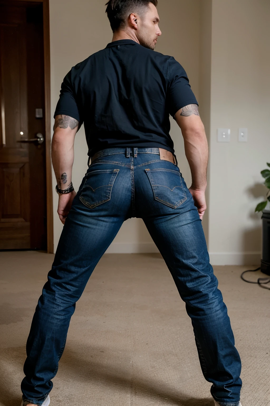 muscular manly man Adam Levine,  45 years old, full body bent over  with his back turned, naked navy jeans. 