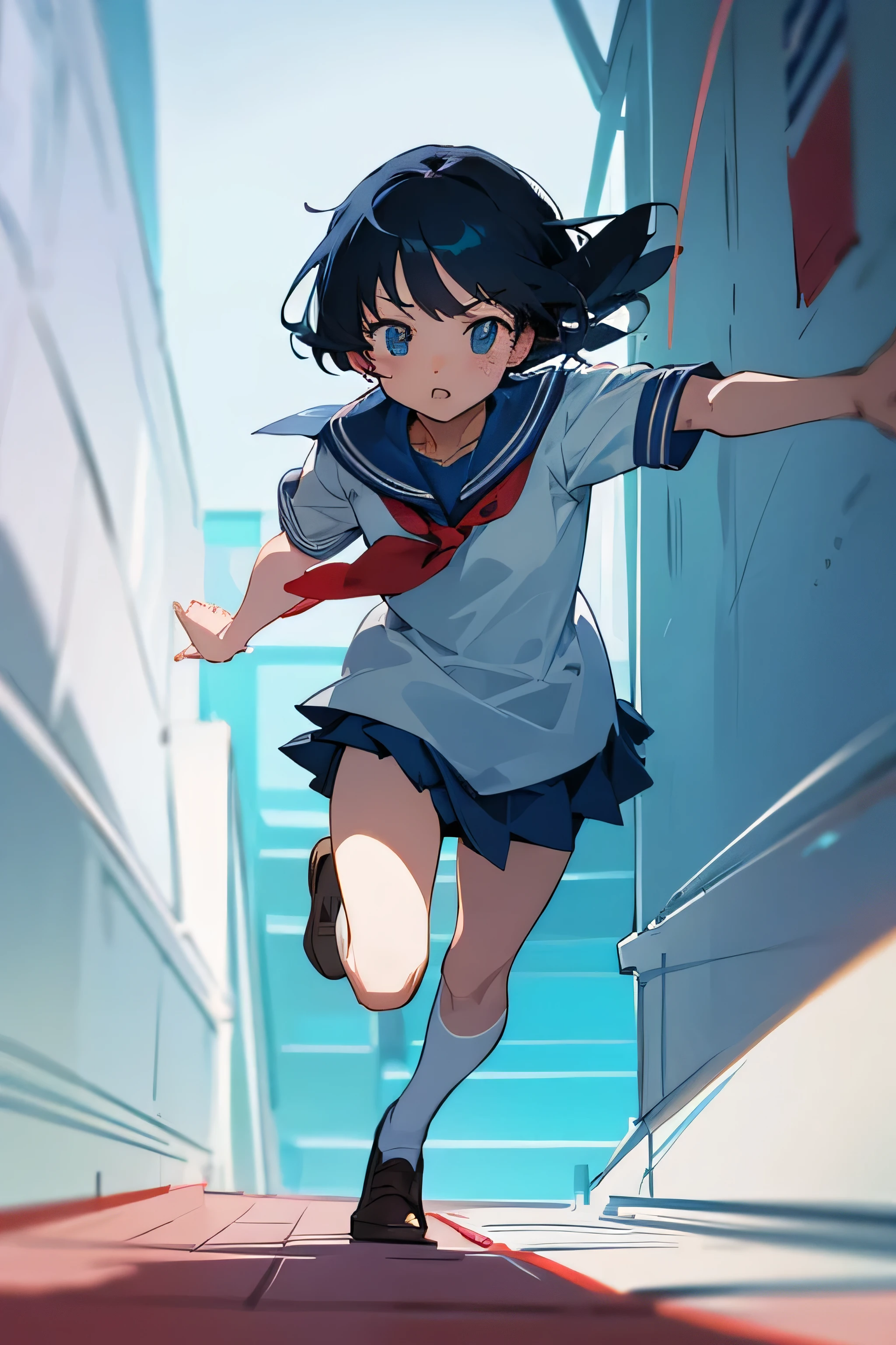 A  in a sailor uniform comes running out of the room.　no background　With anime-style drawings