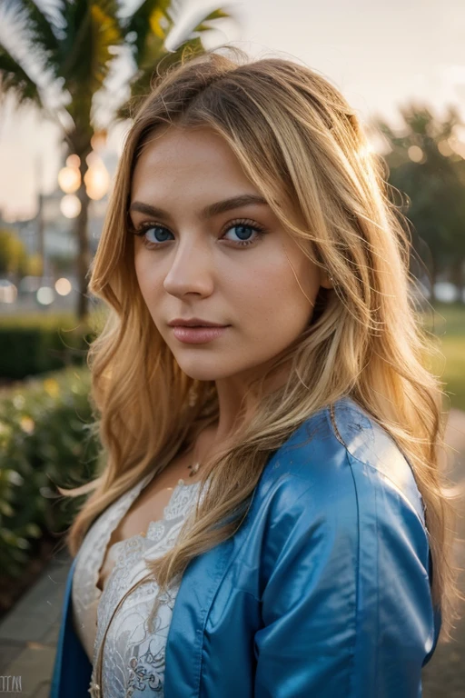 Создайте фотореалистичный портрет 25-летнto her американки., Nicely dressed, beautiful and breathtaking. to her, there must be, a long time ago, flowing blond hair and piercing blue eyes, expressing a gaze.. Его выражение there must be одновременно естественным и магнетически соблазнительным., With a touch of mystery. It's bathed in the golden light of the golden hour, adding an almost surreal quality to its beauty. The backdrop is picturesque outdoor nature., Maybe, sunny park or beach, with elements, which enhance his charming presence. Use high resolution photos with an 85mm lens, to get an attractive perspective and depth of field, which will highlight it., make the image ideal for viral sharing due to its uniqueness and striking beauty.