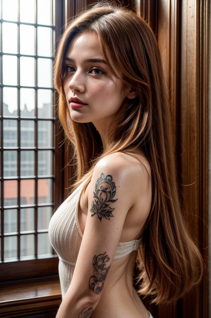 Style sticker, sticker with white edges, beautiful shiny sticker, beautiful, Tattoo vibes: I carry my passion stamped on my skin. Imagine a scene of a beautiful young woman, 25 years old, red hair with light highlights, with a tattoo on the skin, bright color, isometric background, blurred background of a tattoo studio, trending artstation, 8k, resolution qlta masterpiece, realistic photography, by Alphonse Mucha, by Wlop,  