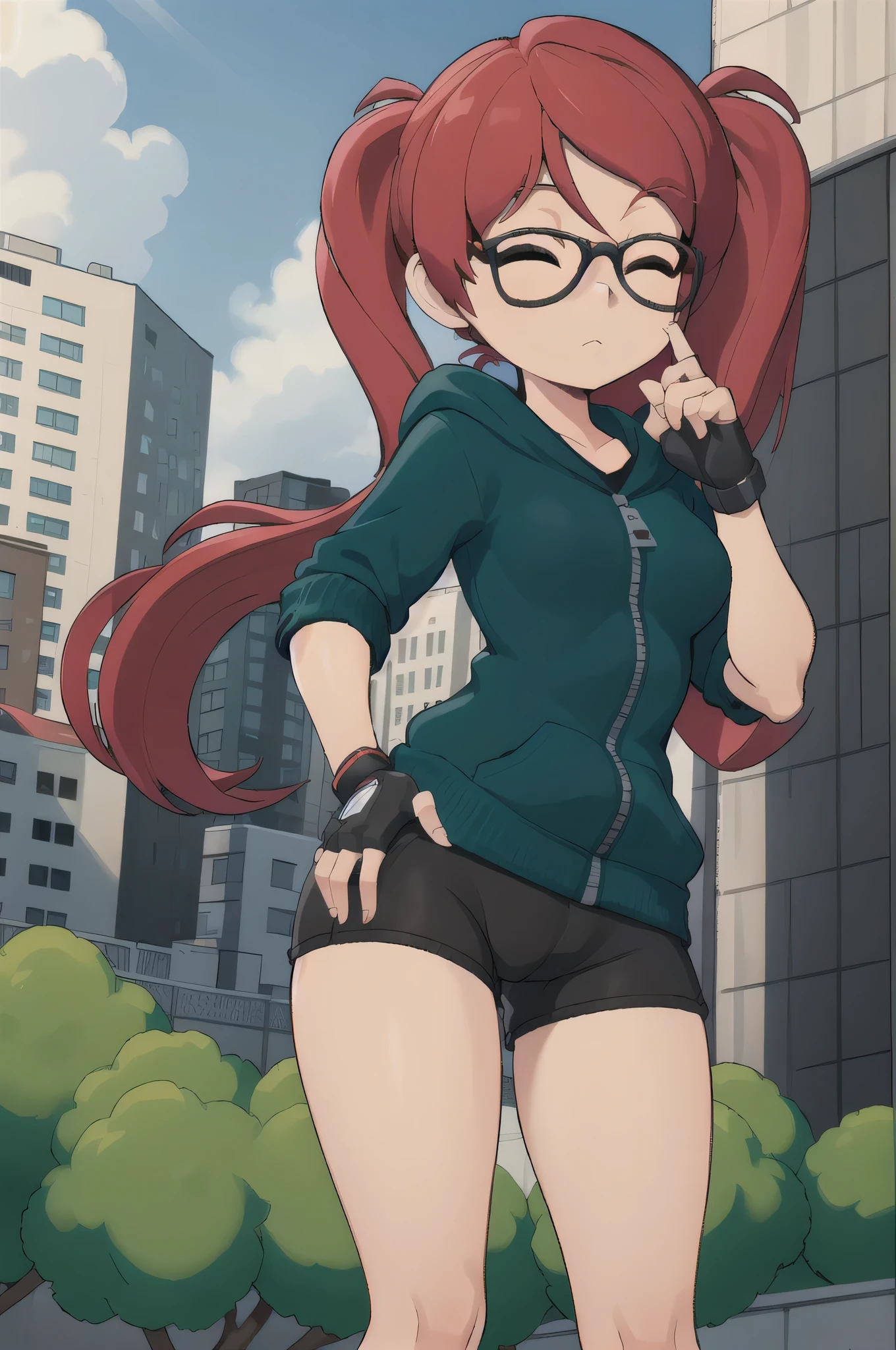 (masterpiece, best quality, high resolution:1.2), blue eyes, gloves, twintails, red hair, glasses, green hoodie, fingerless gloves, black compression shorts, zipper, black-framed eyewear expressionless, bored, half-closed eyes, looking at viewer, standing, upper body, contrapposto, hand on hip, outdoors, garden 