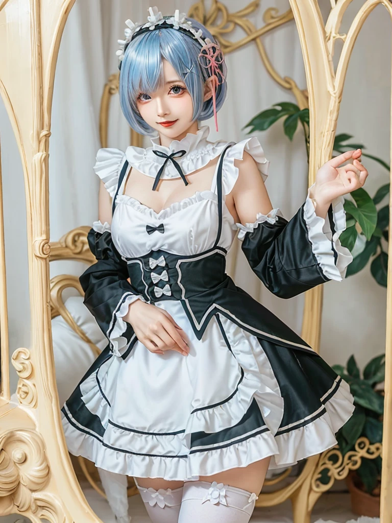 (8K, Photorealistic, Raw photo, of the highest quality: 1.3), (1girl in), Super beautiful, (Realistic face), (boyish, Silver Color Berry Shorthair), Beautiful , Glare that captivates the viewer, Beautiful expression, Beautiful breasts, (Realistic skin), Be...Create a detailed and colorful image of Ram and Rem from Re:Zero, standing back-to-back in their maid outfits, with a magical fantasy background、14years old, two girls,cute, perfect face, beautiful, nice body, gothic ta clothes, gothic loliashion, frilly skirt, headdress, necklace, bracelet, knee-high socks, boots, double eyelids, tear bags, Detailed down to the fingers, photo-like description, indoors, dim indoor lighting, one girl is pink hair and short bob, another girl is light blue hair and short bob,standing, whole body, composition that shows the whole body, smiling,The Both of them are wearing the same type of maid outfit