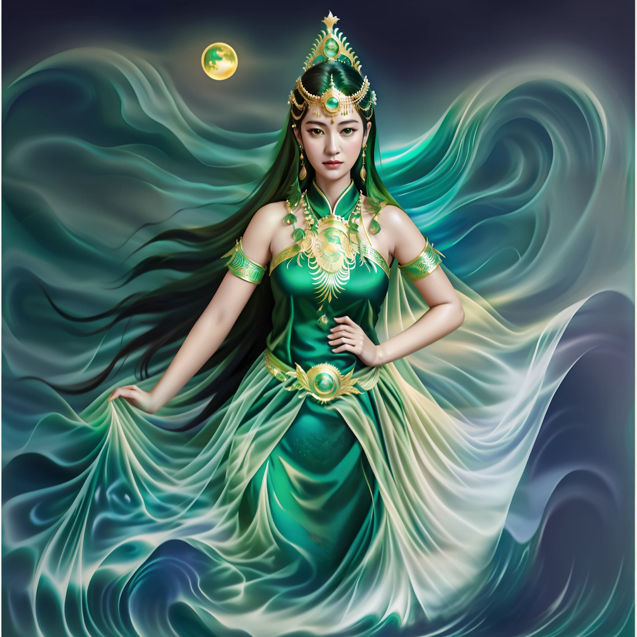 Luna Maya in painting of a woman in a green dress standing in the ocean, queen of the sea mu yanling, goddess of the ocean, goddess of the sea, earth goddess mythology, goddess of love and peace, a stunning portrait of a goddess, indian goddess of wealth, javanese mythology, goddess art, beautiful goddess, goddess of greek mythology, goddess of nature