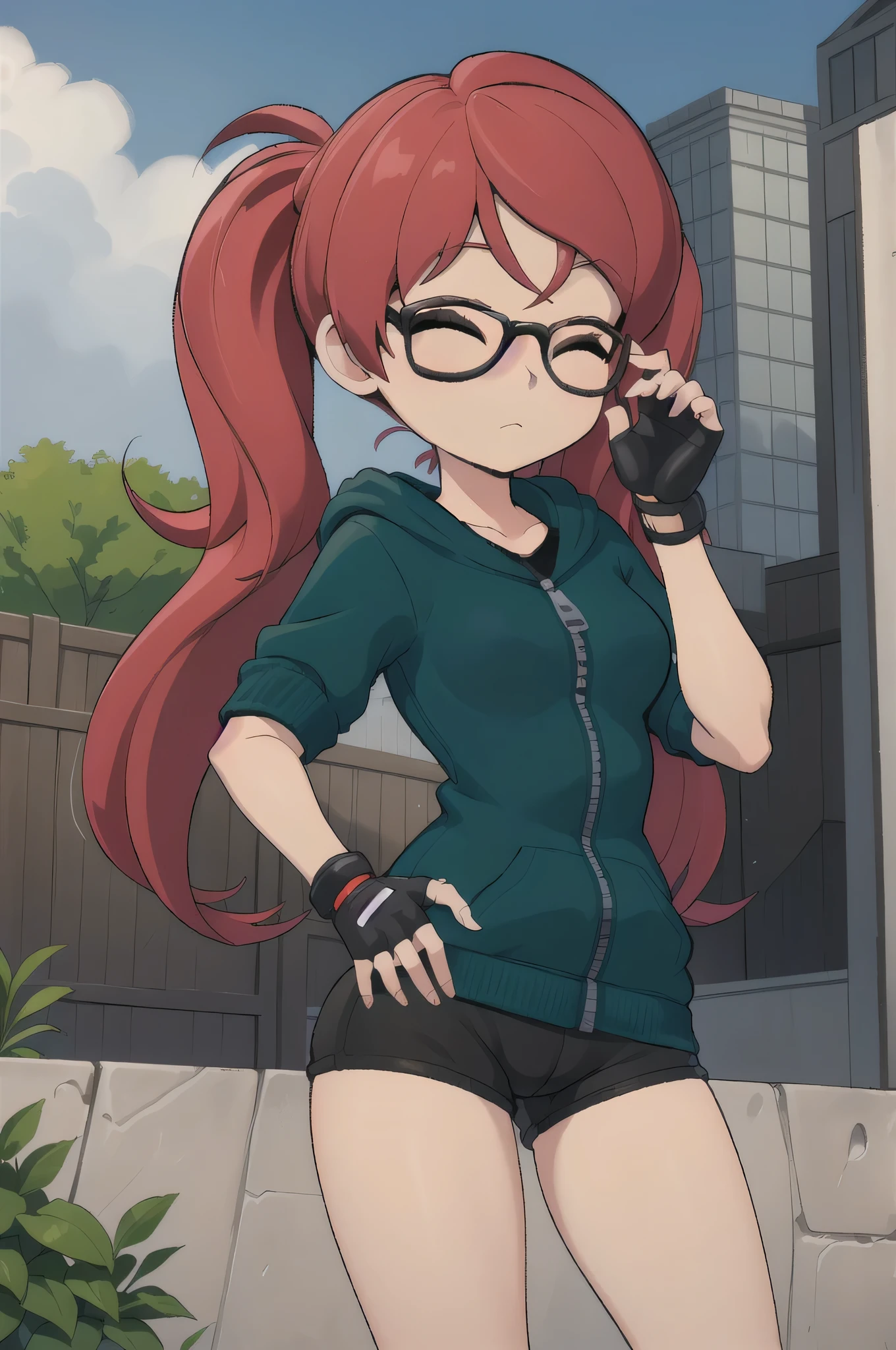 (masterpiece, best quality, high resolution:1.2), blue eyes, gloves, twintails, red hair, glasses, green hoodie, fingerless gloves, black compression shorts, zipper, black-framed eyewear expressionless, bored, half-closed eyes, looking at viewer, standing, upper body, contrapposto, hand on hip, outdoors, garden 