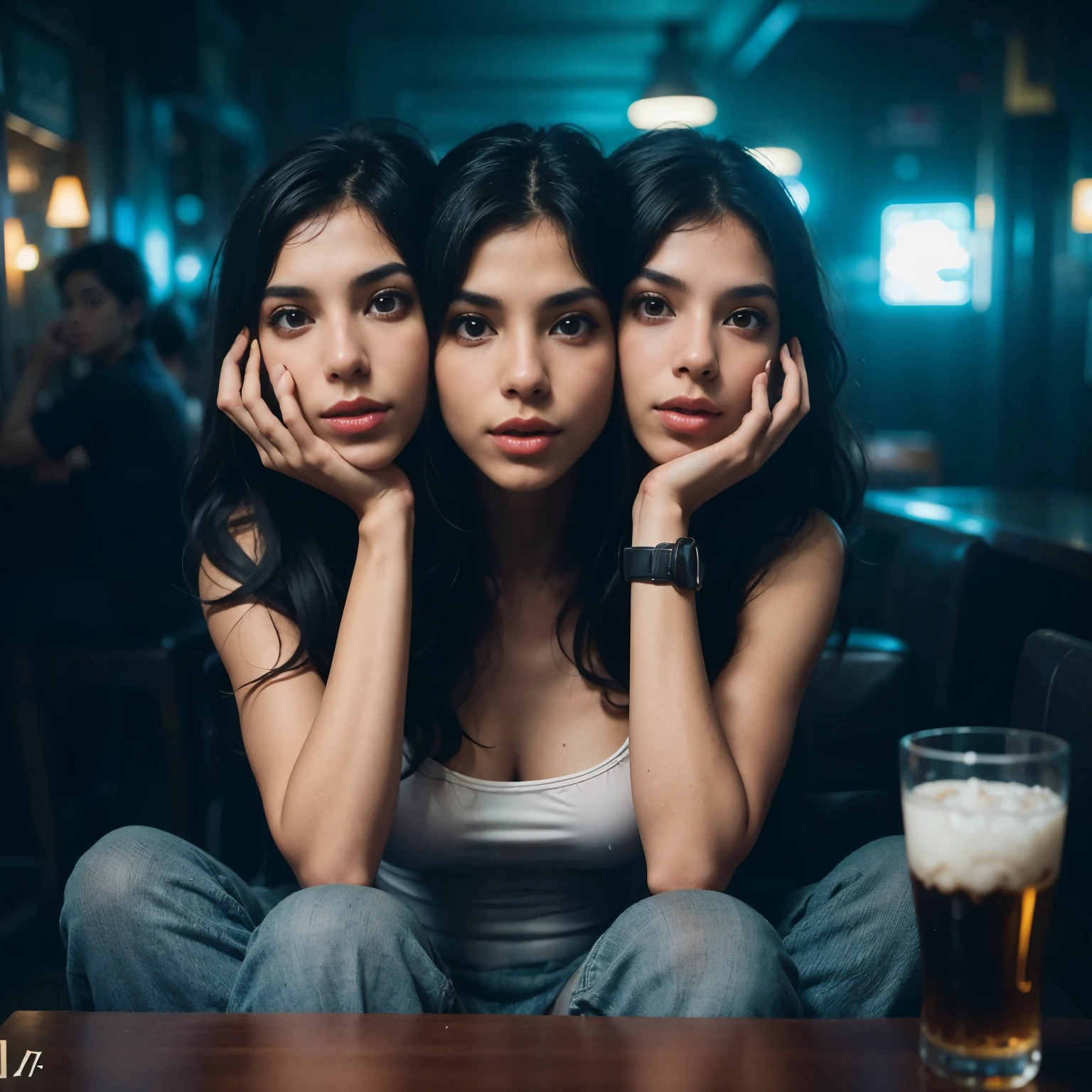 best resolution, (two_heads:1.2), Venezuelan woman with three heads, 21 years old, tan skin, youthful, wearing a dress, sitting at a restaurant table, staring at viewer