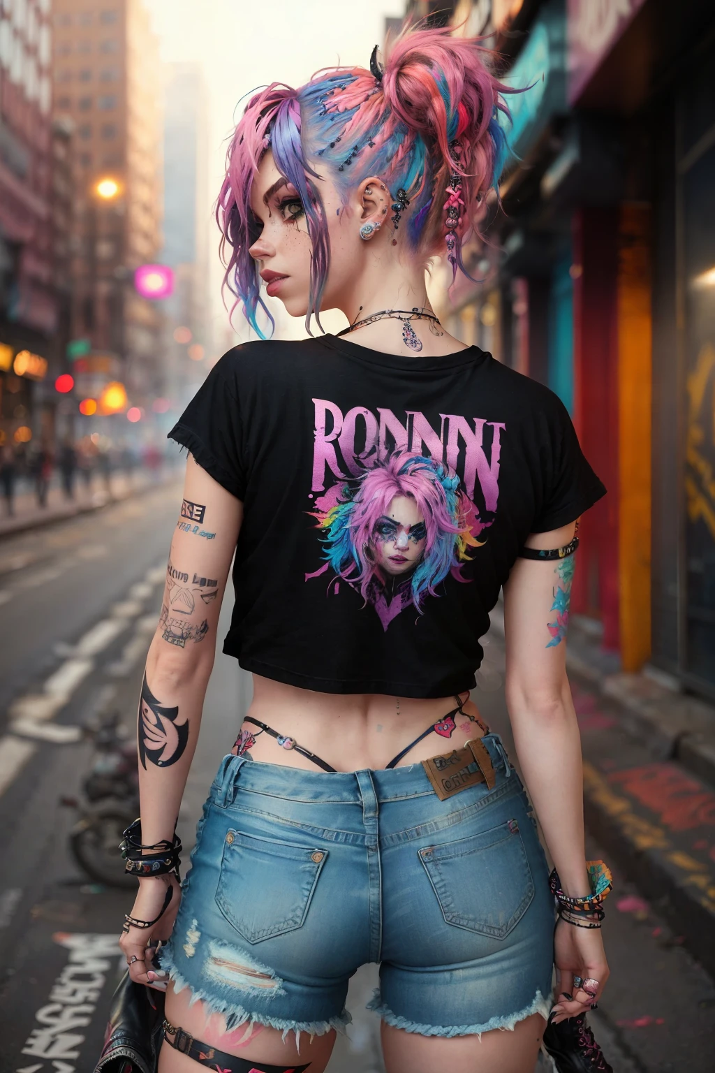 In the heart of a grungy city, an alternative girl stands out with her vibrant persona. Her bright, neon-colored hair cascades down her back, contrasting dramatically with the foggy background. A myriad of colorful tattoos adorn her arms and torso, each one telling a unique story. Piercings glint in her ears, nose, and lips, adding to her edgy style.

She wears a distressed band t-shirt, frayed at the edges, and ripped jeans that fit her like a second skin. The vintage boots she sports complete her look, their scuffed surface speaking of countless adventures. With a fierce expression and a confident pose, she defies