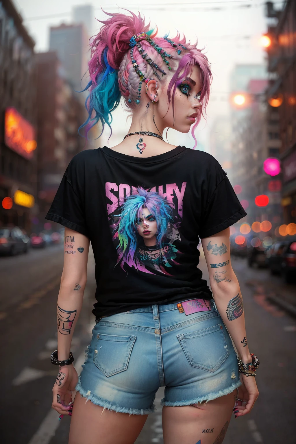 In the heart of a grungy city, an alternative girl stands out with her vibrant persona. Her bright, neon-colored hair cascades down her back, contrasting dramatically with the foggy background. A myriad of colorful tattoos adorn her arms and torso, each one telling a unique story. Piercings glint in her ears, nose, and lips, adding to her edgy style.

She wears a distressed band t-shirt, frayed at the edges, and ripped jeans that fit her like a second skin. The vintage boots she sports complete her look, their scuffed surface speaking of countless adventures. With a fierce expression and a confident pose, she defies