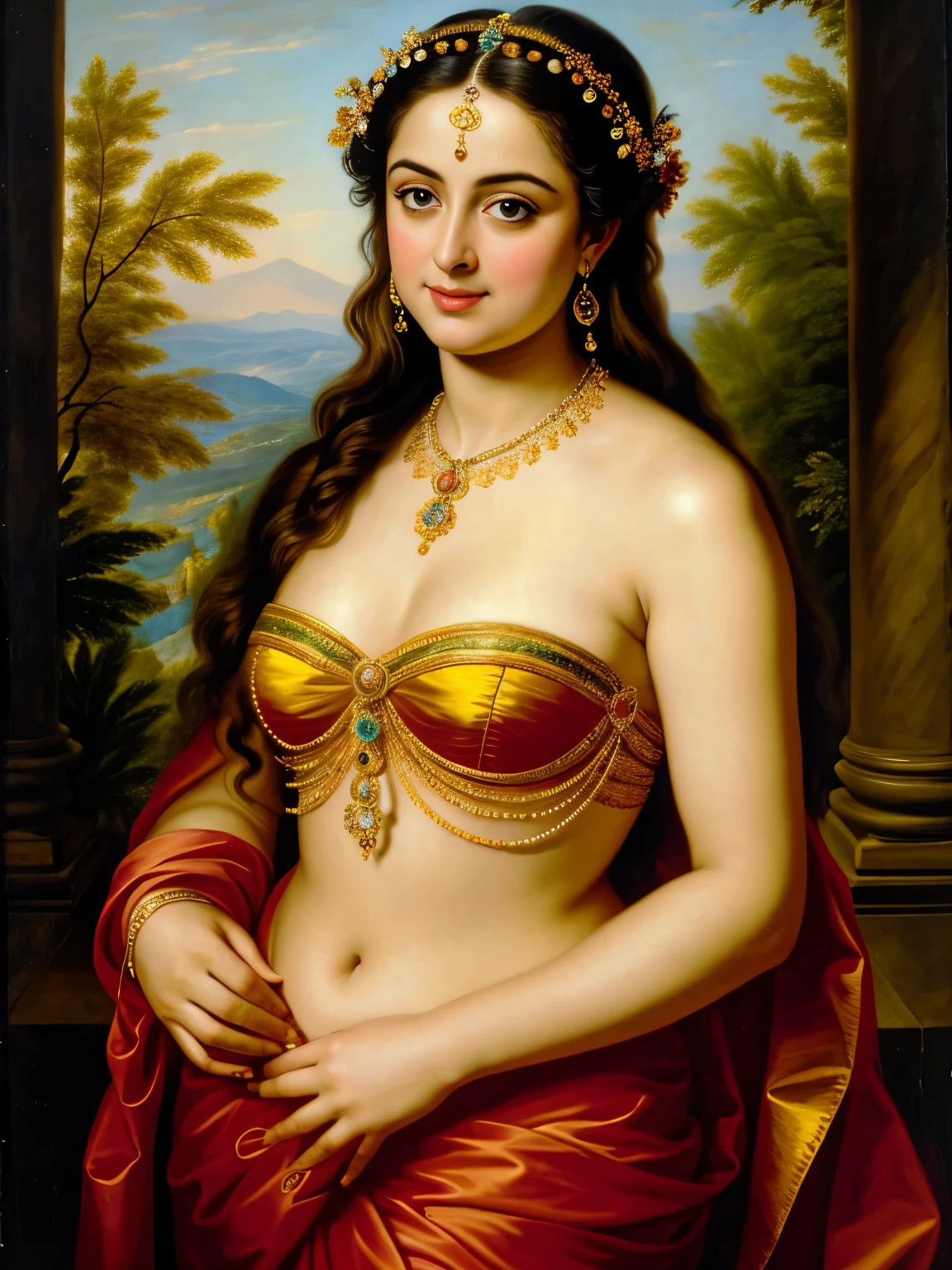 Looks like Anushka Shetty, Masterpiece, Best quality, high clarity eyes, critically flawless,sharp picture, Full portrait, High pixels, perfect face, perfect eyes, beautiful face, perfect hands,perfect fingers, in Peter Paul Rubens style, by Peter Paul Rubens, baroque style, acrylic on canvas, highly detailed, description: "Create a nymph inspired by the tales of Greek or Roman mythology, embodying the essence of a natural element or location, and possessing a unique ability or trait that sets her apart.", strapless Bra of ancient times, strapless bralette, armpits showing, 