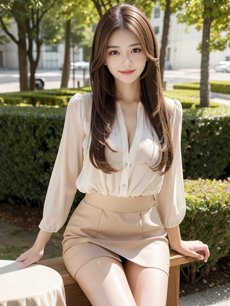 table top, highest quality, realistic, Super detailed, finely, High resolution, 16k wallpaper, 1 beautiful woman,, beautiful long light brown hair, Spring-like outfit,魅力的なsmile、 sharp focus, perfect dynamic composition, detailed and beautiful eyes, fine hair, Detailed and realistic skin texture, smile, long shot, Full body photo、model body shape、Well-shaped, slightly high nose、Beautiful leg lines、