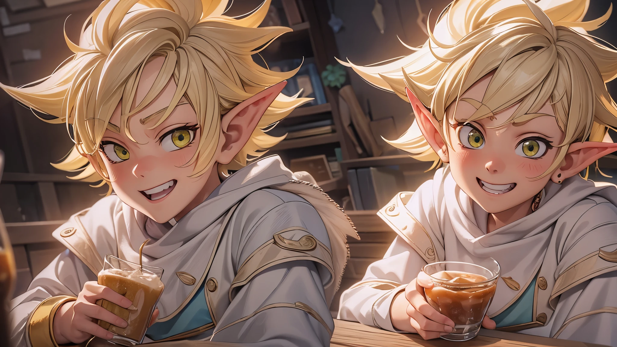 (master piece), 8k, best quality, panoramic view, elf boy, childish appearance, male, teenager, , 1.70 meters tall, white skin, thin body, pointed elf ears, beautiful finely detailed eyes silver in color, high forehead, spiky yellow blonde hair like Gohan from the anime dragon ball (super sayajin), incredibly handsome, smiling, conservative elven clothing, conservative posture, sitting in the tavern, eating