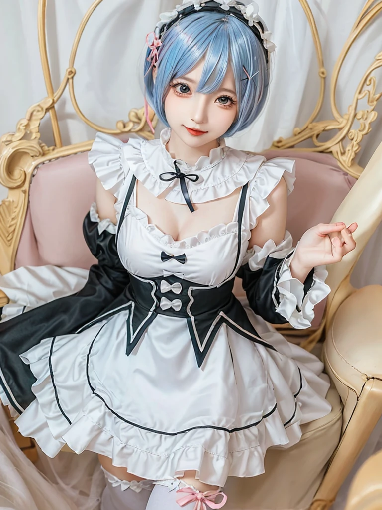 (8K, Photorealistic, Raw photo, of the highest quality: 1.3), (1girl in), Super beautiful, (Realistic face), (boyish, pink Color Berry Shorthair), Beautiful , Glare that captivates the viewer, Beautiful expression, Beautiful breasts, (Realistic skin), Be...Create a detailed and colorful image of Ram and Rem from Re:Zero, standing back-to-back in their maid outfits, with a magical fantasy background、ars old, two girls,cute, perfect face, beautiful, nice body, gothic lolita clothes, gothic lolita fashion, frilly skirt, headdress, necklace, bracelet, knee-high socks, boots, double eyelids, tear bags, Detailed down to the fingers, photo-like description, indoors, dim indoor lighting, one girl is pink hair and short bob, another girl is light blue hair and short bob,standing, whole body, composition that shows the whole body, smiling,The Both of them are wearing the same type of maid outfit