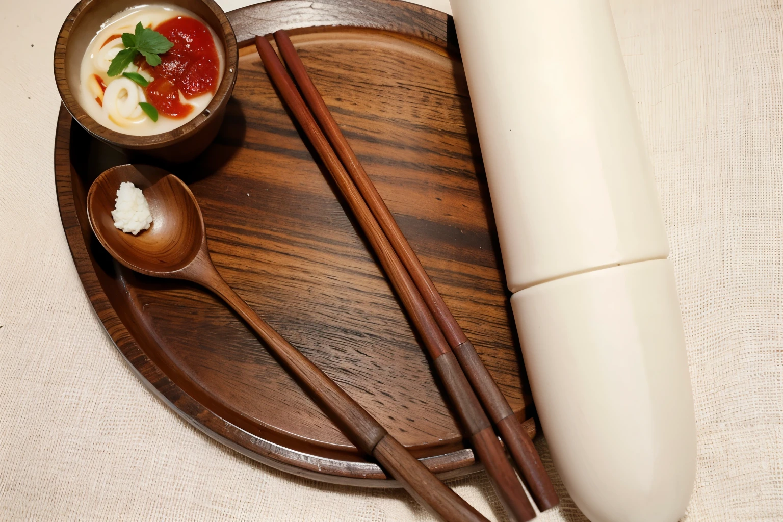 ((best quality)), ((masterpiece)), (detailed),wooden chopsticks and wooden spoon，White cloth storage bag，clean background