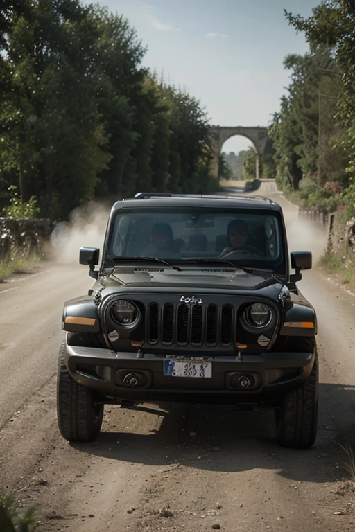 a black Gelendvagen jeep car rushes at high speed along a winding country road and behind it there is a long trail of dust, I see a Gothic stone bridge to which the Gelendvagen is approaching the picture is ultra-detailed ultra HD quality