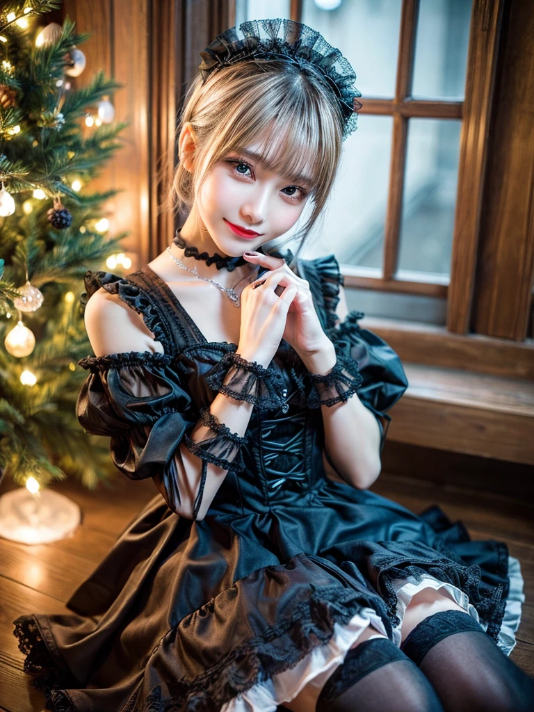 (8K, Photorealistic, Raw photo, Highest quality: 1.4),Japanese idol-style beautiful girl,model,1 person,18-year-old,(Short Bob),(Silver Hair :1.1),She has her hair tucked behind her ears,Headband,Clear grey eyes,Long eyelashes,(piercings(small)),(Lip gloss(Black)),thin long neck,Lace gloves,(gothic lolita dress(Frills,Long skirt)),layer,Fishnet tights,A Gothic-style stone building,Stained Glass Background,Full body portrait