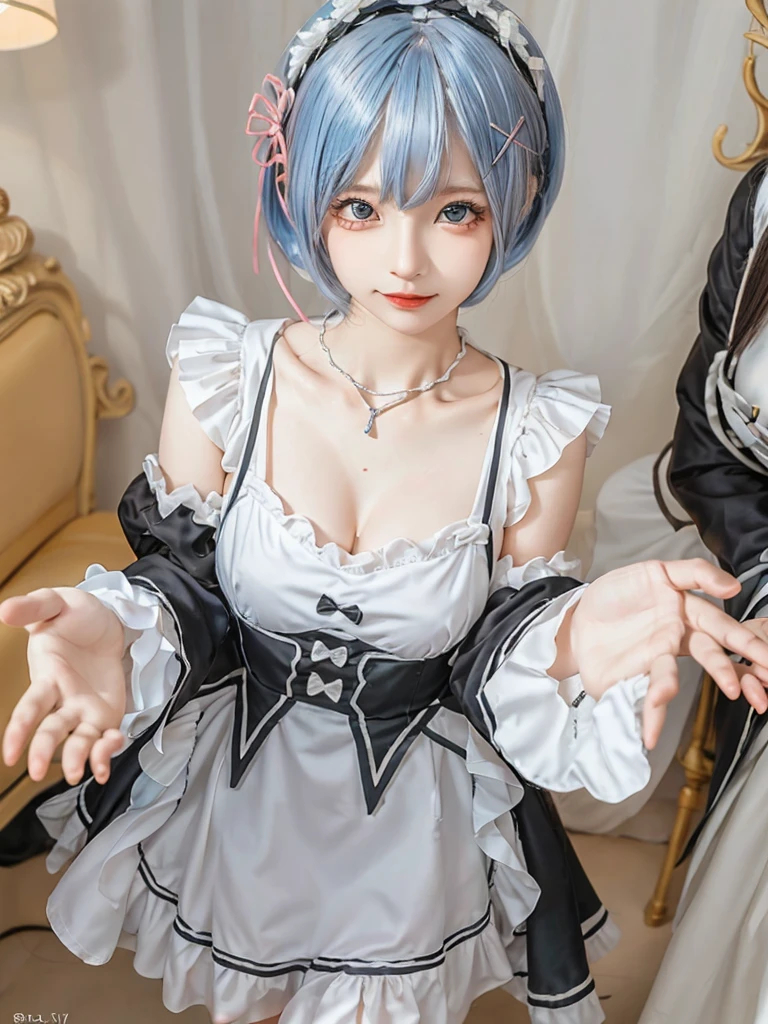 (8K, Photorealistic, Raw photo, of the highest quality: 1.3), (1girl in), Super beautiful, (Realistic face), (boyish, Silver Color Berry Shorthair), Beautiful , Glare that captivates the viewer, Beautiful expression, Beautiful breasts, (Realistic skin), Be...Create a detailed and colorful image of Ram and Rem from Re:Zero, standing back-to-back in their maid outfits, with a magical fantasy background、14years old, two girls,cute, perfect face, beautiful, nice body, gothic ****ta clothes, gothic ****ta fashion, frilly skirt, headdress, necklace, bracelet, knee-high socks, boots, double eyelids, tear bags, Detailed down to the fingers, photo-like description, indoors, dim indoor lighting, one girl is pink hair and short bob, another girl is light blue hair and short bob,standing, whole body, composition that shows the whole body, smiling,The Both of them are wearing the same type of maid outfit