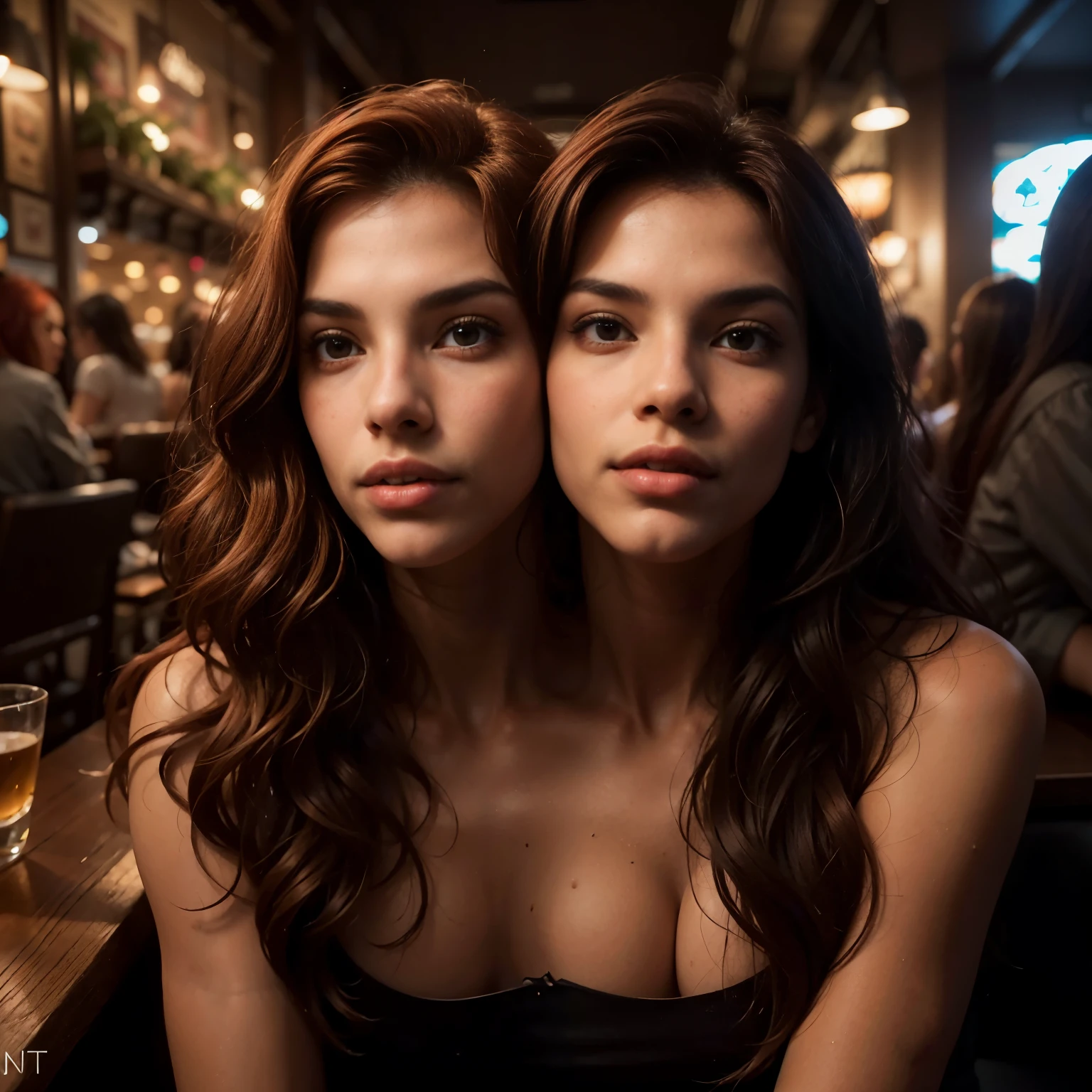 best resolution, (two_heads:1.2), Venezuelan woman with two heads, red hair, strong jawline, 21 years old, tan skin, youthful, wearing a dress, sitting at a restaurant table, looking towards the left
