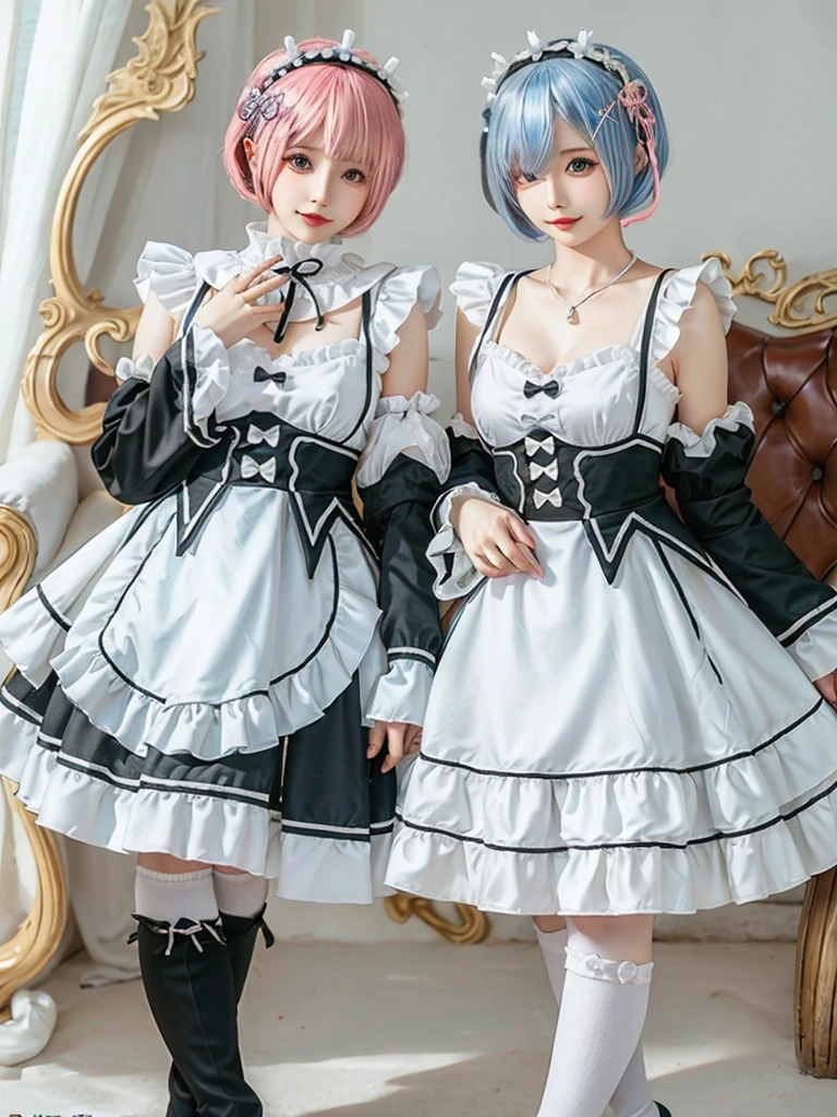 (8K, Photorealistic, Raw photo, of the highest quality: 1.3), (1girl in), Super beautiful, (Realistic face), (boyish, Silver Color Berry Shorthair), Beautiful , Glare that captivates the viewer, Beautiful expression, Beautiful breasts, (Realistic skin), Be...Create a detailed and colorful image of Ram and Rem from Re:Zero, standing back-to-back in their maid outfits, with a magical fantasy background、14years old, two girls,cute, perfect face, beautiful, nice body, gothic lolita clothes, gothic lolita fashion, frilly skirt, headdress, necklace, bracelet, knee-high socks, boots, double eyelids, tear bags, Detailed down to the fingers, photo-like description, indoors, dim indoor lighting, one girl is pink hair and short bob, another girl is light blue hair and short bob,standing, whole body, composition that shows the whole body, smiling,The Both of them are wearing the same type of maid outfit