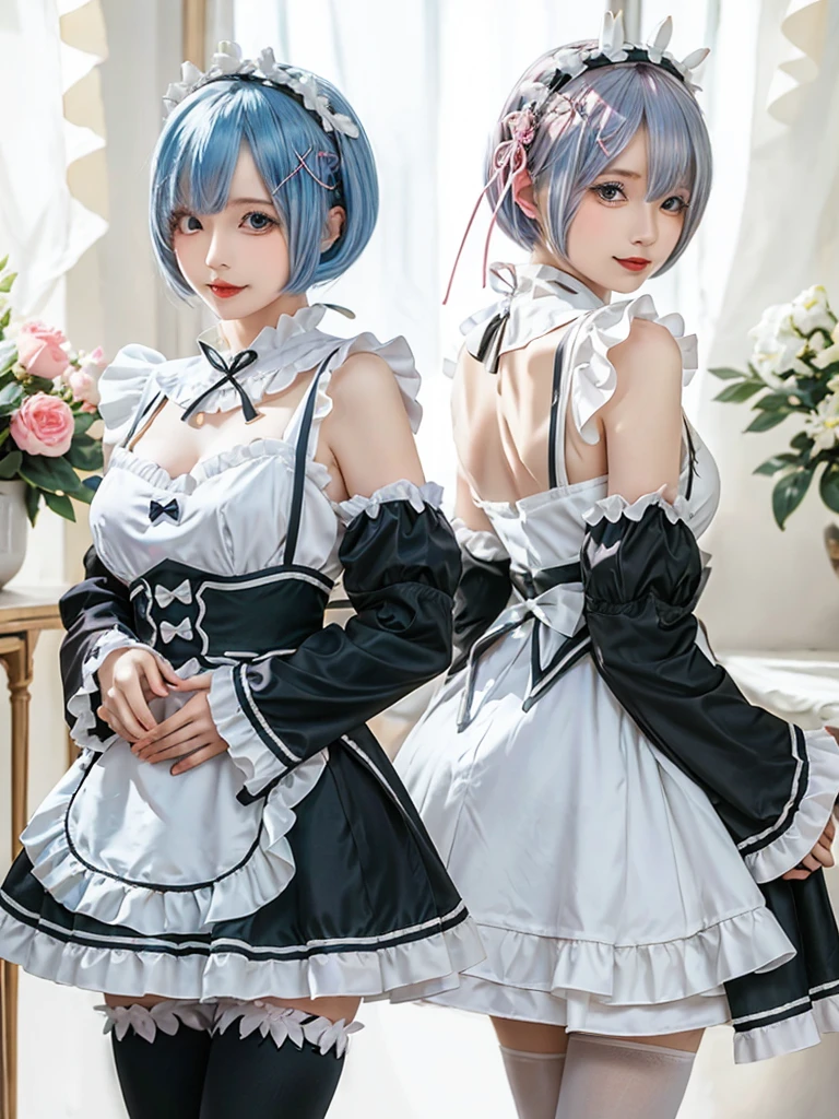 (8K, Photorealistic, Raw photo, of the highest quality: 1.3), (1girl in), Super beautiful, (Realistic face), (boyish, Silver Color Berry Shorthair), Beautiful , Glare that captivates the viewer, Beautiful expression, Beautiful breasts, (Realistic skin), Be...Create a detailed and colorful image of Ram and Rem from Re:Zero, standing back-to-back in their maid outfits, with a magical fantasy background、ars old, two girls,cute, perfect face, beautiful, nice body, gothic lolita clothes, gothic lolita fashion, frilly skirt, headdress, necklace, bracelet, knee-high socks, boots, double eyelids, tear bags, Detailed down to the fingers, photo-like description, indoors, dim indoor lighting, one girl is pink hair and short bob, another girl is light blue hair and short bob,standing, whole body, composition that shows the whole body, smiling,The Both of them are wearing the same type of maid outfit