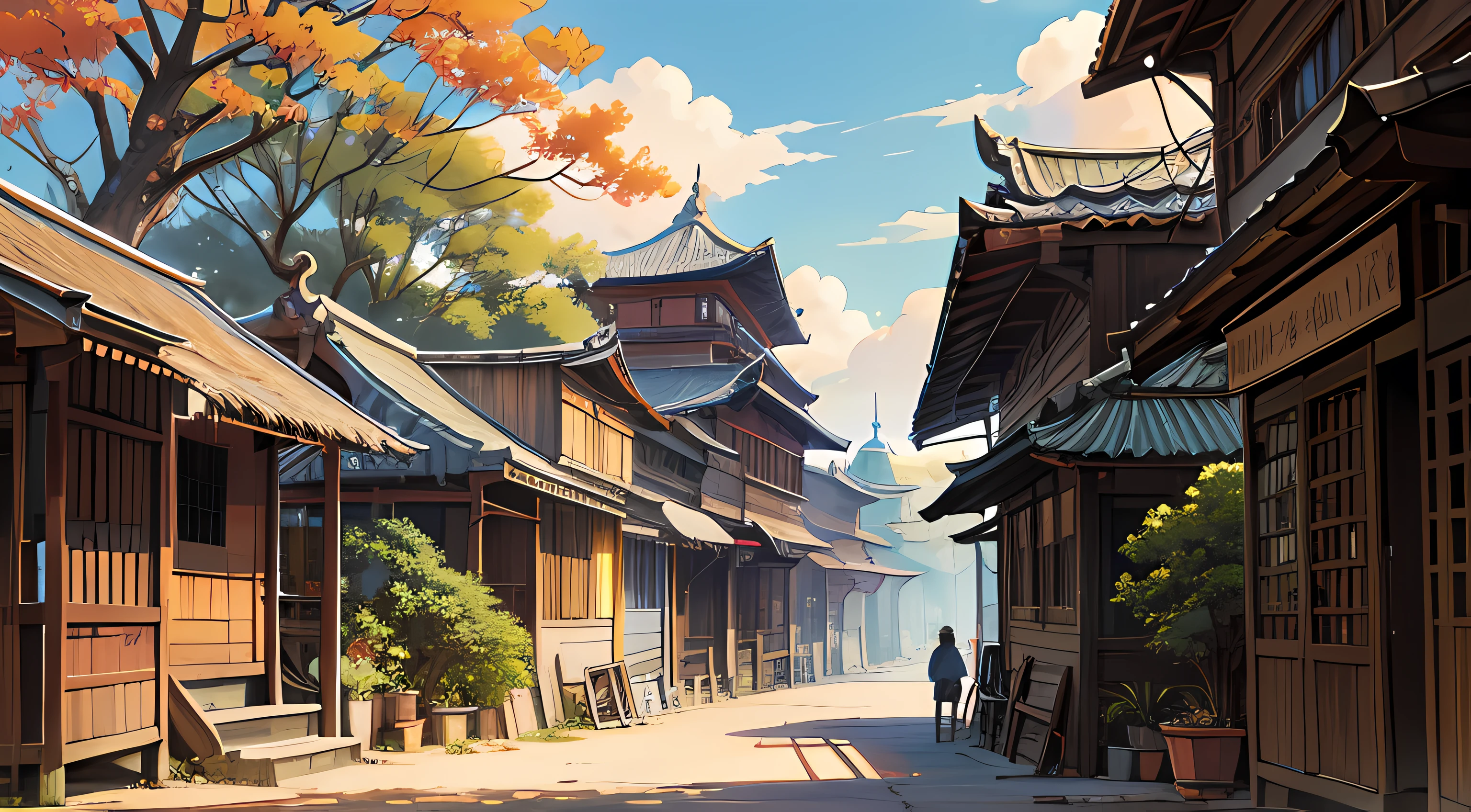 high res, highest quality, illustration, ultra-detailed, (detailed environment), (detailed background)), soft lighting, best quality, hazy glow, dreamy atmosphere, hyper-detailed, masterpiece, (colorful), cowboy shot, from below, outdoors, morning, fruit, ancient bazar, clouds, tall buildings in background, ancient, rock street, urban, temple, concrete, sidewalk, busy, trees, autumn, falling leaves, falling leaves, ancient Indonesia,