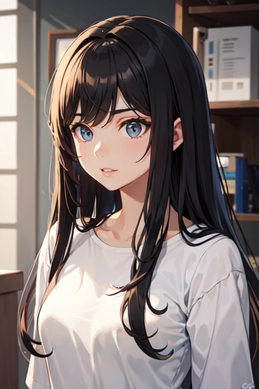 ((Melhor qualidade) cabelo longo, cor do cabelo preto, e tem peitos munto grande