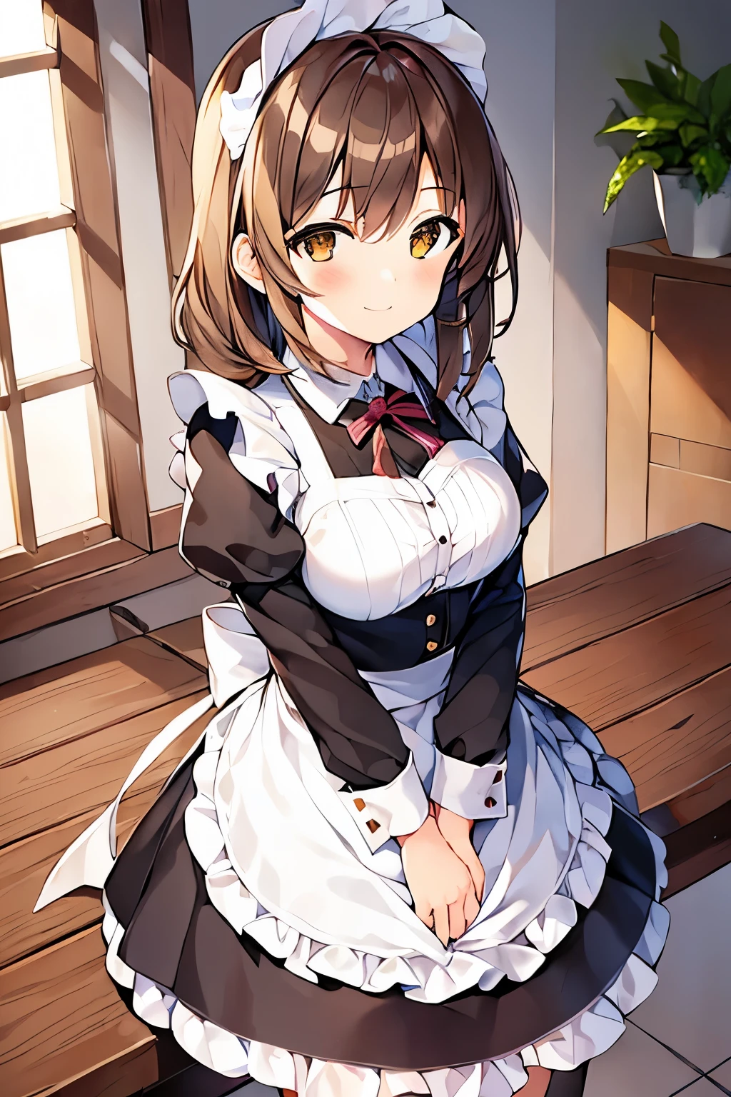 1girl, light smile, blush, brown hair, light brown eyes, medium hair, maid, french maid, masterpiece,