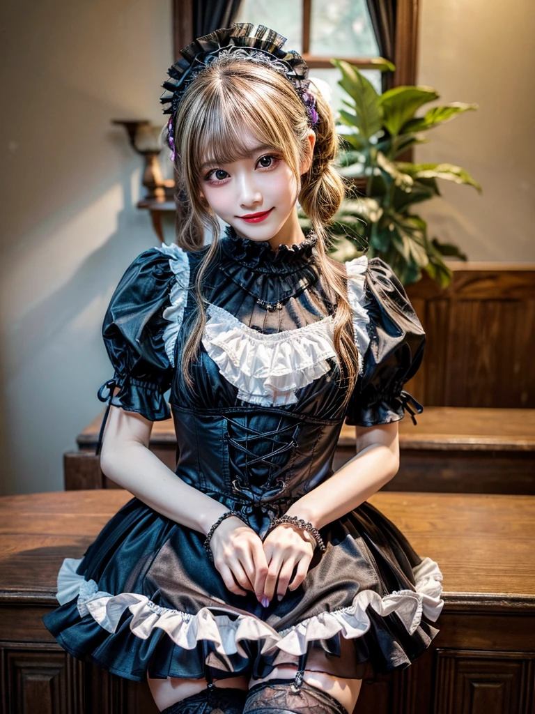 (8K, Photorealistic, Raw photo, of the highest quality: 1.3), (1girl in), Super beautiful, (Realistic face), (boyish, Silver Color Berry Shorthair), Beautiful , Glare that captivates the viewer, Beautiful expression, Beautiful breasts, (Realistic skin), Be...Super high quality, super high definition, super detailed, masterpiece, 20years old, female, cute, perfect face, beautiful, nice body, gothic ta clothes, gothic loliashion, frilly skirt, headdress, necklace, bracelet, knee-high socks, boots, double eyelids, tear bags, Detailed down to the fingers, photo-like description, indoors, dim indoor lighting, blonde hair, pony tail, standing, whole body, composition that shows the whole body, smiling, cute posing