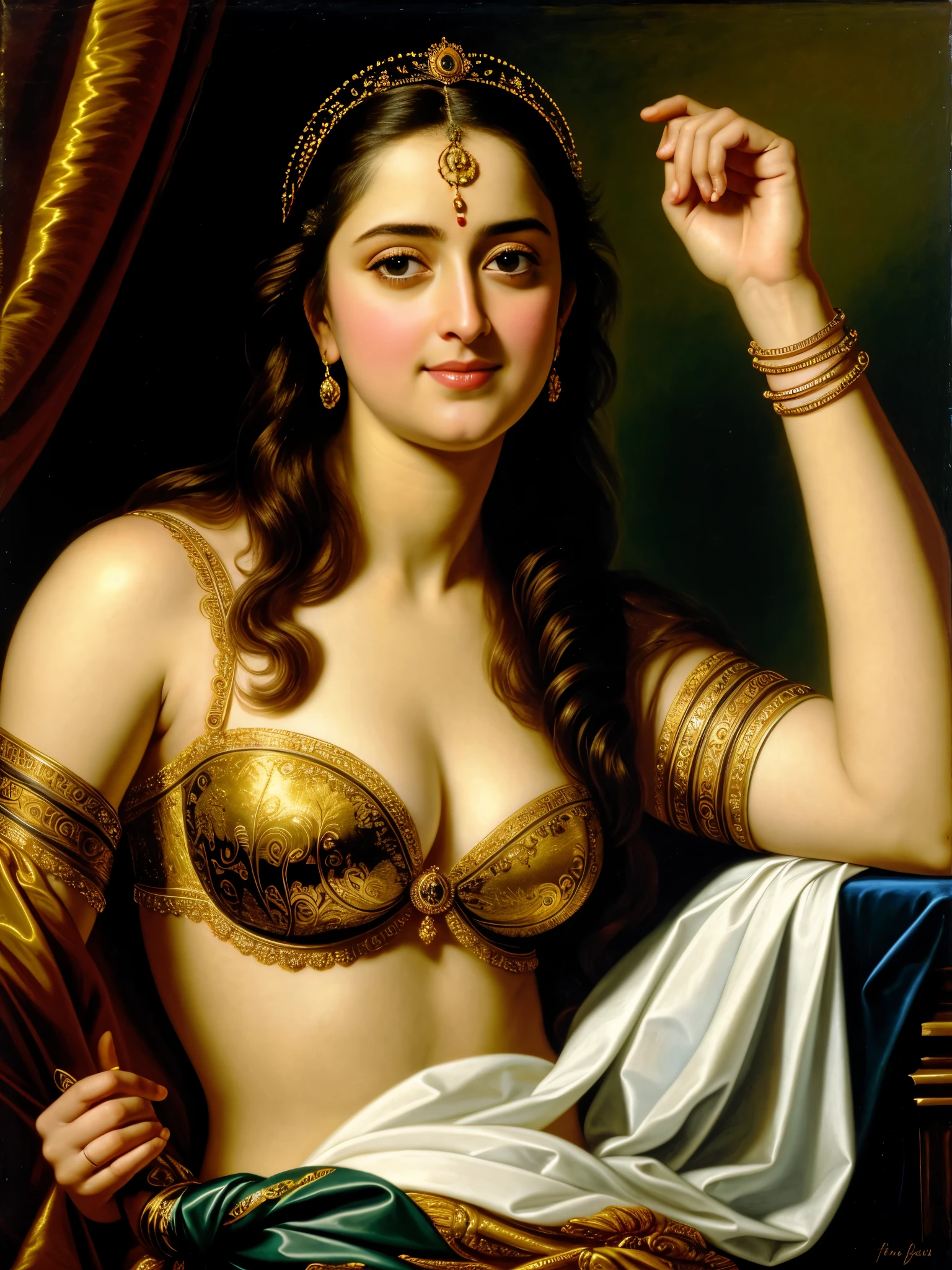 Looks like Anushka Shetty, Masterpiece, Best quality, high clarity eyes, critically flawless,sharp picture, Full portrait, High pixels, perfect face, perfect eyes, beautiful face, perfect hands,perfect fingers, in Peter Paul Rubens style, by Peter Paul Rubens, baroque style, acrylic on canvas, highly detailed, description: "Create a nymph inspired by the tales of Greek or Roman mythology, embodying the essence of a natural element or location, and possessing a unique ability or trait that sets her apart.", strapless Bra of ancient times, strapless bralette, armpits showing,