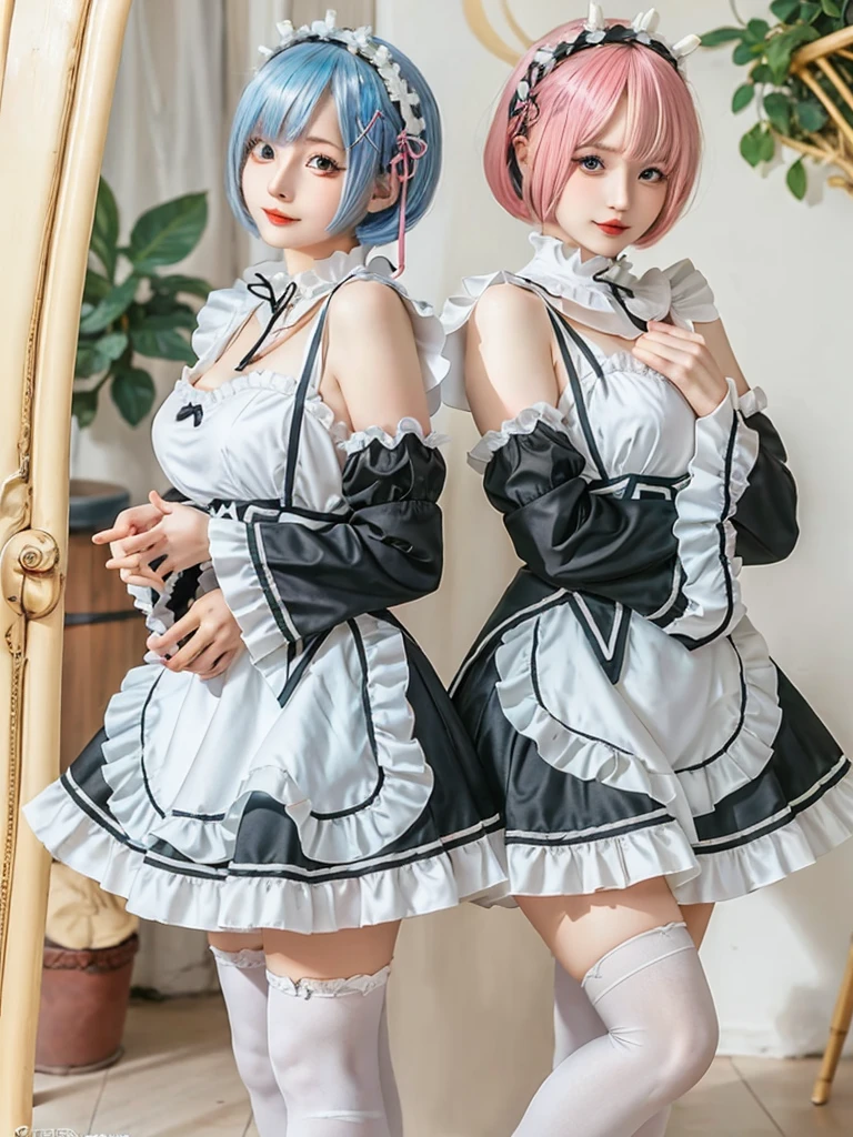 (8K, Photorealistic, Raw photo, of the highest quality: 1.3), (1girl in), Super beautiful, (Realistic face), (boyish, pink Color Berry Shorthair), Beautiful , Glare that captivates the viewer, Beautiful expression, Beautiful breasts, (Realistic skin), Be...Create a detailed and colorful image of Ram and Rem from Re:Zero, standing back-to-back in their maid outfits, with a magical fantasy background、14years old, two girls,cute, perfect face, beautiful, nice body, gothic lolita clothes, gothic lolita fashion, frilly skirt, headdress, necklace, bracelet, knee-high socks, boots, double eyelids, tear bags, Detailed down to the fingers, photo-like description, indoors, dim indoor lighting, one girl is pink hair and short bob, another girl is light blue hair and short bob,standing, sexy posing,whole body, composition that shows the whole body, smiling,The Both of them are wearing the same type of maid outfit