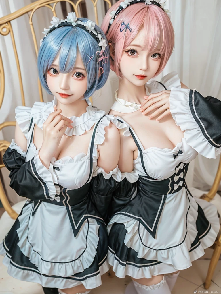 (8K, Photorealistic, Raw photo, of the highest quality: 1.3), (1girl in), Super beautiful, (Realistic face), (boyish, pink Color Berry Shorthair), Beautiful , Glare that captivates the viewer, Beautiful expression, Beautiful breasts, (Realistic skin), Be...Create a detailed and colorful image of Ram and Rem from Re:Zero, standing back-to-back in their maid outfits, with a magical fantasy background、14years old, two girls,cute, perfect face, beautiful, nice body, gothic lolita clothes, gothic lolita fashion, frilly skirt, headdress, necklace, bracelet, knee-high socks, boots, double eyelids, tear bags, Detailed down to the fingers, photo-like description, indoors, dim indoor lighting, one girl is pink hair and short bob, another girl is light blue hair and short bob,standing, sexy posing,whole body, composition that shows the whole body, smiling,The Both of them are wearing the same type of maid outfit