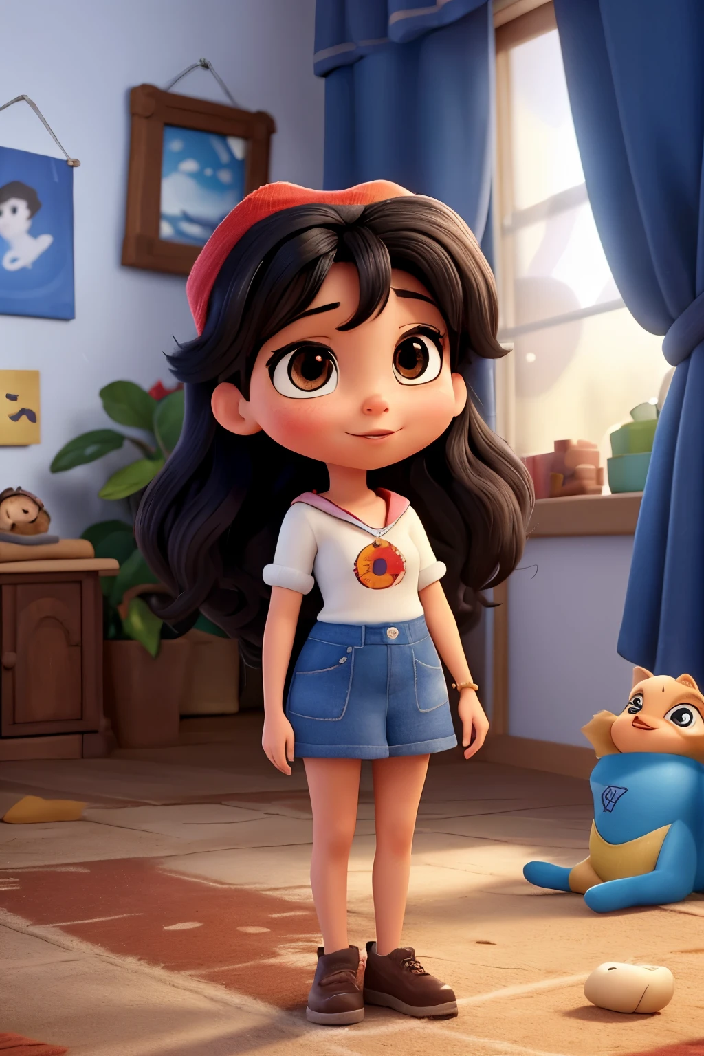 a Disney Pixar-style movie poster with the title ("Amor de um toque"). (Amor de um toque. Garota em seu quarto com roupas pretas, Black hair Medium length hair, dark brown eyes and big lips, Cristina sentada na cama ) a cena deve ser feita no estilo de arte digital exclusivo da Pixar, with an emphasis on symbolic expressions, cores vibrantes e texturas detalhadas, Specific to animations, with title ( O amor dela )