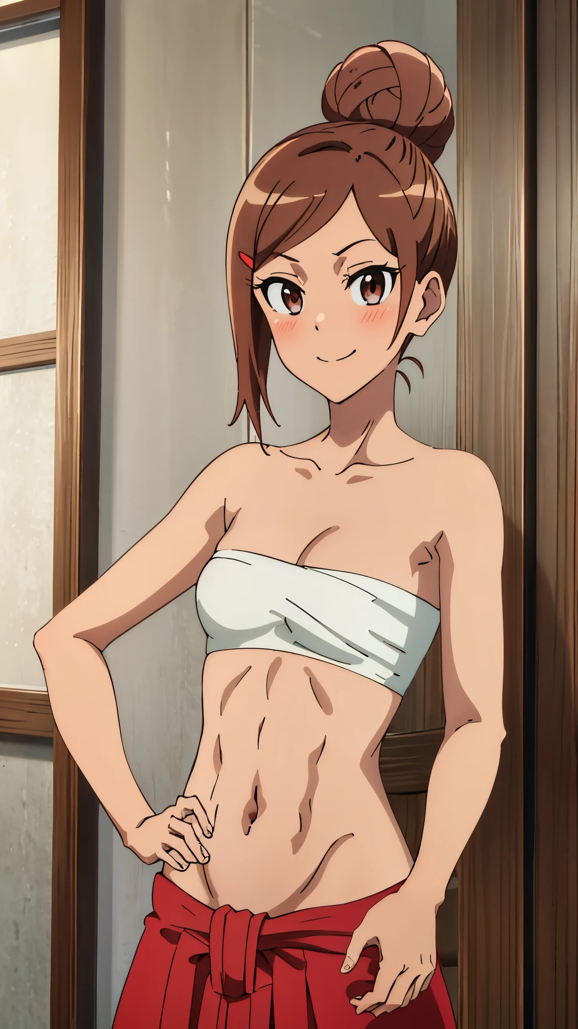 tan skin, masterpiece, highres, solo, 8k, detailed, perfect face, best quality, (ultra high quality), (looking at viewers), (armpit), collarbone, bare arms, small breast, cleavage, brown hair, bun tied hair, brown eyes, belly, stomach, navel, abs, sarashi chest, bandaged breast, (white bandage), (red hakama), slim body, upper body, smile, blush, closed mouth, at forest, hand up