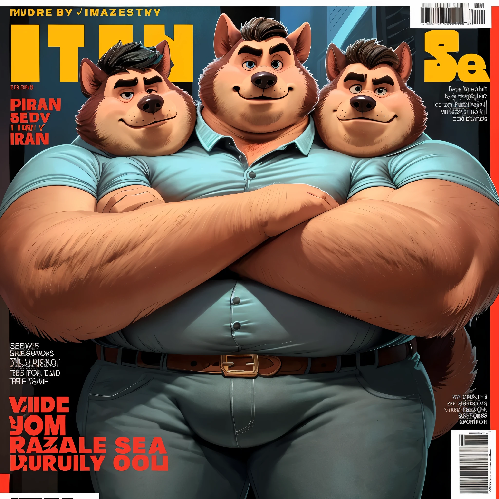 solo, (Siberian husky, Siberian husky tail), three heads on one body, three headed identical conjoined triplet brothers, (identical faces:1.3), (adult male, 50 year old male, (stylized 3d, by disney, by rembrandt), by pixar, by dramamine, (burly, manly, beefy, obese:1.3, fat, big butt, black and white fur), city background, (fully clothed, polo shirt, jeans, belt), correct hands, (detailed eyes:1.2, cartoon eyes:1.2, small dark pupils, masculine eyes, narrow eyes, six eyes), (ultradetailed, best quality, detailed masterpiece, highly detailed masterpiece, 4k, professional cartoon), ((arms crossed:1.3, natural pose:1.3)), (((dadbod))), six ears, ((magazine cover:1.3))