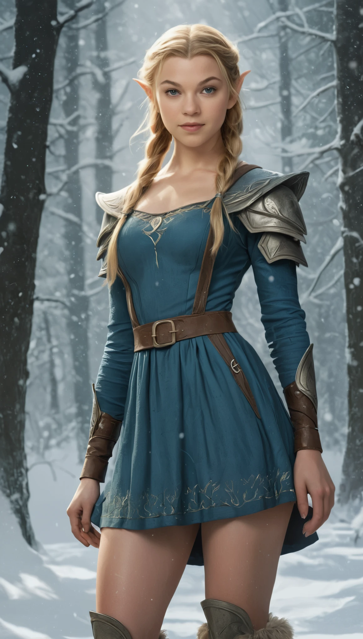An illustrated movie poster, hand-drawn, full color, a age elven girl, wearing an overall dress, resembles Natalie Dormer, sun-tanned complexion, very tall, Amazonian body, hourglass figure, curvy, toned midriff, bottom-heavy, generous hips, massive bubble-butt, long legs, ridiculously thick powerful thighs, long pointy elf ears, blonde hair, long loose waves, posing in a snowy boreal forest, hard shadows, graphite shading, stencil marks, airbrushed acrylic paint, masterpiece, in the style of Skyrim