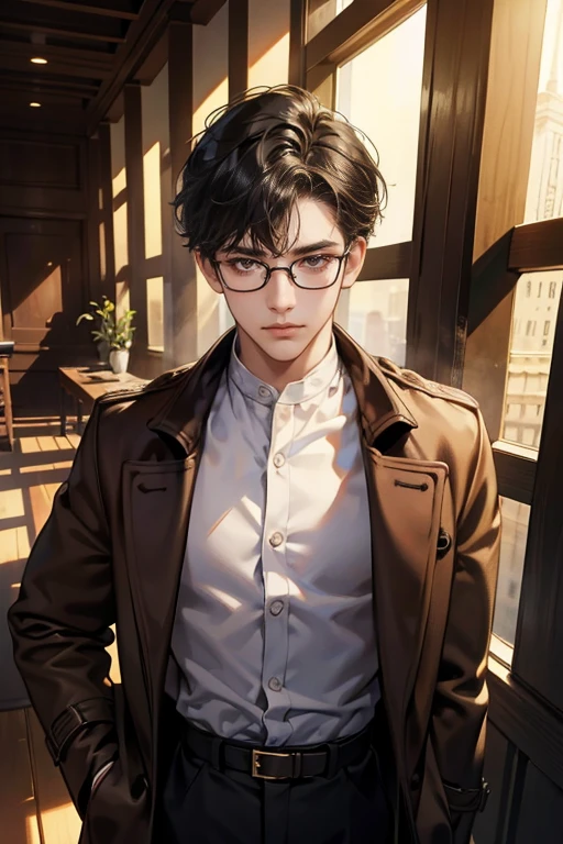 (tmasterpiece, high resolution, ultra - detailed:1.0), (1 boy, Young male), Eyes looking at the camera, Perfect male body, Extremely detailed CG, 8K wallpaper, Complicated details, solo person, Detailed face,(Black hair, brown coat,brown sweater, Glasses), color difference, Depth of field, dramatic shadow, Ray tracing, Best quality, Cinematic lighting, offcial art