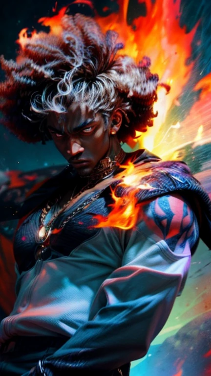 a close up of a person with a black face, Afro American man, black twisted Afro, black hair, muscular, God, Face resembling Rhea Ripley, warrior energy, black long sleeve shirt with silver embroidered typography on sleeve, intricate design on shirt, Crimson Red Flame Aura,Nebular Diamond link chain draped around neck, stud ear piercing made out of diamond, anime art wallpaper 4 k, high resolution, beast form,anime art,masculine, black man, glowing eyes, muscular,badass, calm, patient, anime 8 k, anime epic artwork, 4 k manga wallpaper, ultra hd anime wallpaper