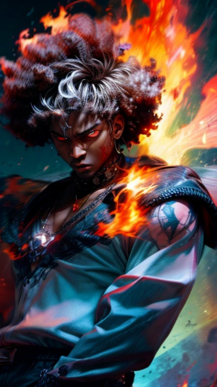 a close up of a person with a black face, Afro American man, black twisted Afro, black hair, muscular, God, Face resembling Rhea Ripley, warrior energy, black long sleeve shirt with silver embroidered typography on sleeve, intricate design on shirt, Crimson Red Flame Aura,Nebular Diamond link chain draped around neck, stud ear piercing made out of diamond, anime art wallpaper 4 k, high resolution, beast form,anime art,masculine, black man, glowing eyes, muscular,badass, calm, patient, anime 8 k, anime epic artwork, 4 k manga wallpaper, ultra hd anime wallpaper