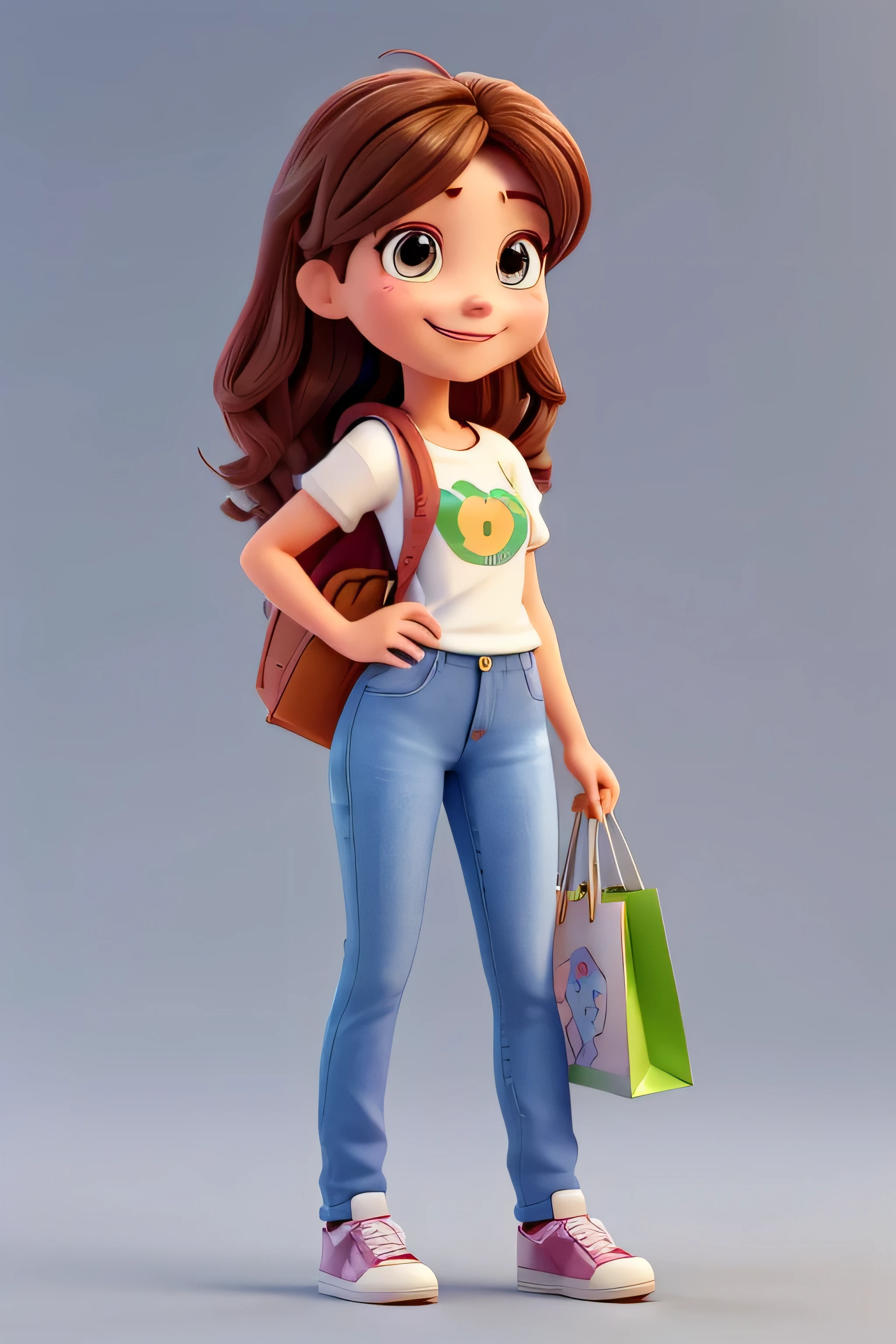 3D Character,3d rendering of a cute anime girl,8k,A young and successful Brazilian businesswoman,about 28 years old,animation character,Aurora Arruda,Aurora will be smiling,beautiful 3d rendering,Best quality,brown hair that reaches her waist,Cartoon character,Casual pose,character 3d render,character in her natural pose,character rendering,cheeky smile,cute character,Disney style,female character,female protagonist,full body,full body character drawing in the style of 3D Art,headshot profile picture,highly detailed character,Holding shopping bags in both hands,insane smile,largely smilling,laughing huge smile,Pixar style render illustration,Posing for photos,promotional rendering,pure white color background,She is a young woman,she is smiling,Smiling female,smiling happily at the camera,straight,Stylized 3d rendering,Super Detail,toon rendering screenshot,very big smile,very happy,wearing jeans and white t-shirt,wearing sneakers,white skin,work of art,young wonn with a huge smile