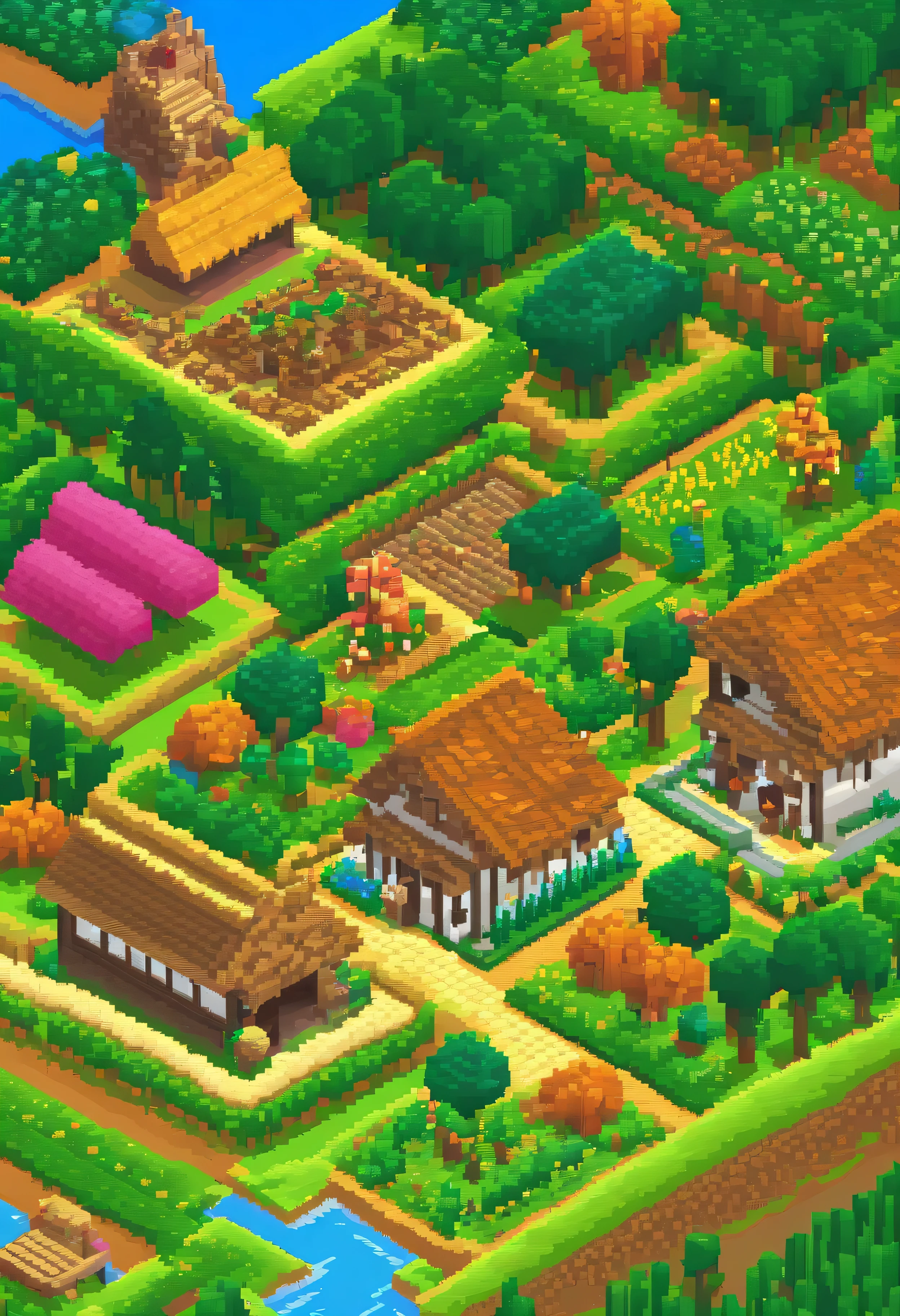 arte de pixel tourism landscape. Noite. Papel de parede 3D pixel art 4K. Amazing pixel art detail. arte de pixel. Agricultural agriculture.Plantations. Pixel art detalhado do Unreal Engine