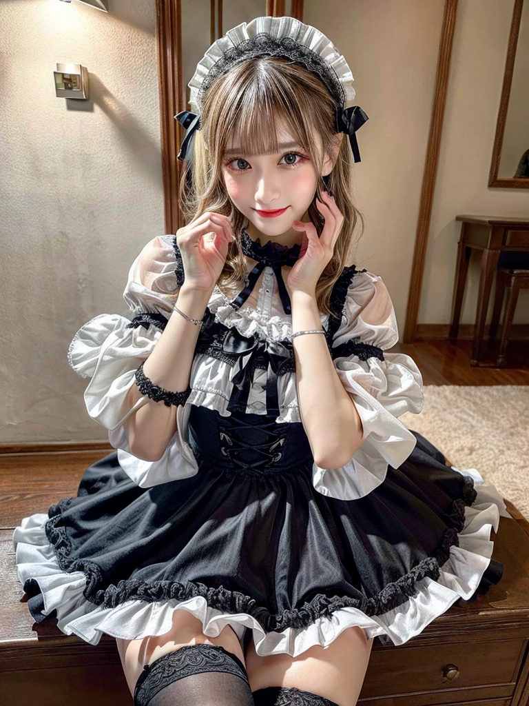 (8K, Photorealistic, Raw photo, of the highest quality: 1.3), (1girl in), Super beautiful, (Realistic face), (boyish, Silver Color Berry Shorthair), Beautiful , Glare that captivates the viewer, Beautiful expression, Beautiful breasts, (Realistic skin), Be...Super high quality, super high definition, super detailed, masterpiece, 20years old, female, cute, perfect face, beautiful, nice body, gothic lolita clothes, gothic lolita fashion, frilly skirt, headdress, necklace, bracelet, knee-high socks, boots, double eyelids, tear bags, Detailed down to the fingers, photo-like description, indoors, dim indoor lighting, blonde hair,semi long  straight hair , standing, whole body, composition that shows the whole body, smiling, cute posing